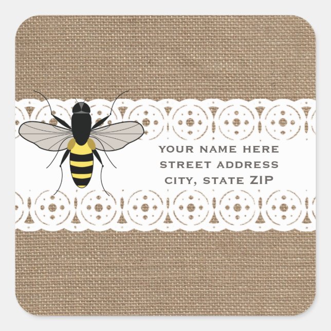 Adesivo Quadrado Burlap & Lace Inspirou Honey Bee Address (Frente)
