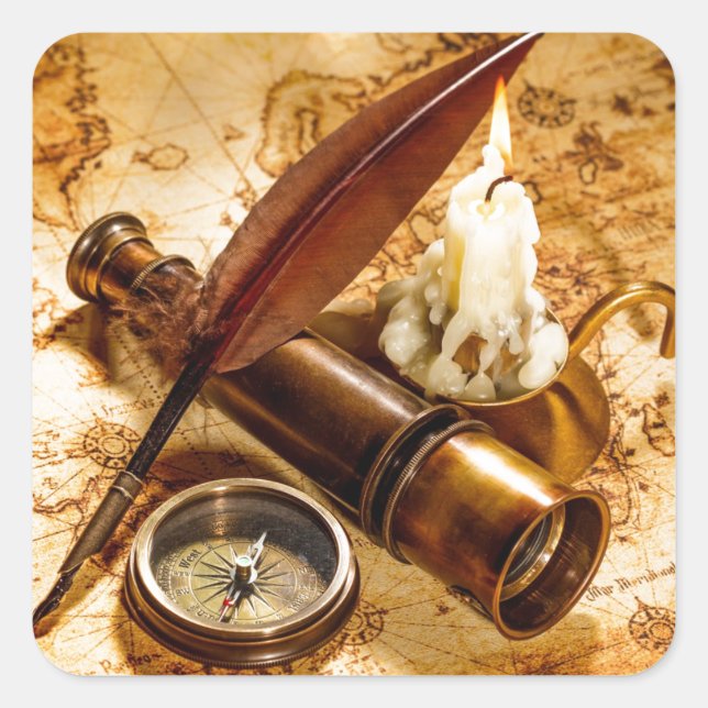 Adesivo Quadrado bússola antiquada do telescópio náutico steampunk (Frente)