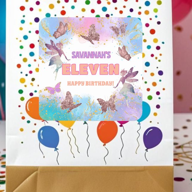 Adesivo Quadrado Butterflies Fairy Gold Glitter 11th Birthday Party (Criador carregado)