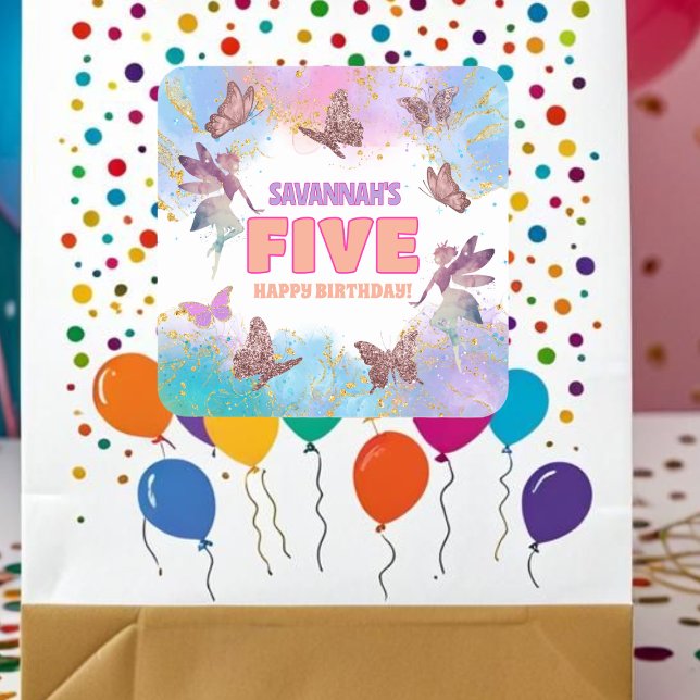 Adesivo Quadrado Butterflies Fairy Gold Glitter 5th Birthday Party (Criador carregado)