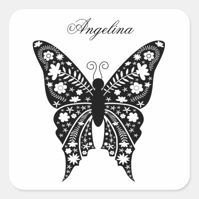 Adesivo Quadrado Butterfly Artsy Elegante Black and White Name (Frente)