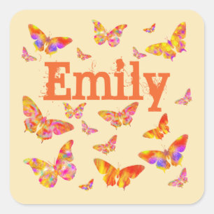 Adesivo Quadrado Butterfly Colorida Vintage Retro Art Name Emily