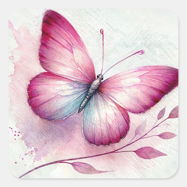 Adesivo Quadrado Butterfly Pink Botanical Watercolor (Frente)