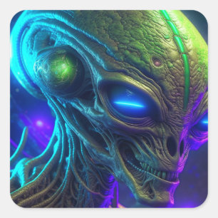 Adesivo Quadrado Cabeça de Alienígena assustadora com olhos azuis b