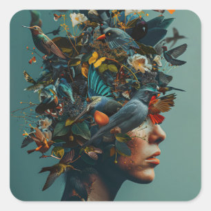Adesivo Quadrado cabeça de mulher moda pássaros natureza planta flo