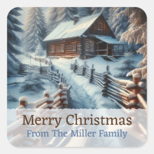 Adesivo Quadrado Cabine de Log de Inverno Personalizada em um Natal