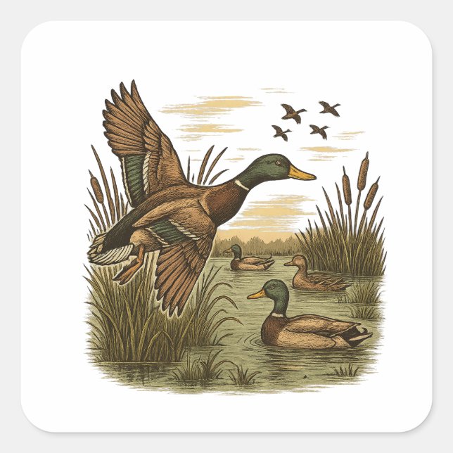 Adesivo Quadrado Caça ao Pato-Marrecão-Retro-Voador,  (Frente)