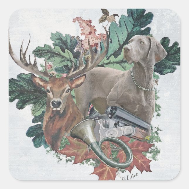 Adesivo Quadrado Caça com um Weimaraner, "Espírito de Cinzas" (Frente)