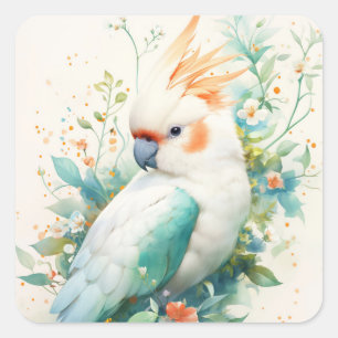 Adesivo Quadrado Cacatua Majestosa em um Abraço Floral