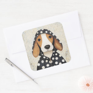 Adesivo Quadrado Cachorrinho Beagle Triste com Capuz de Bolinhas