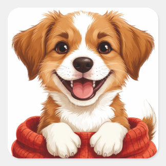 Adesivo Quadrado Cachorrinho Fofo Com Cachecol Para Amantes de Cach