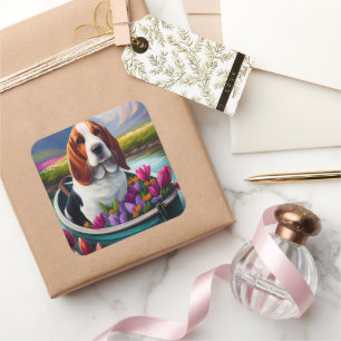 Adesivo Quadrado Cachorro Basset em um remo: Uma aventura cênica