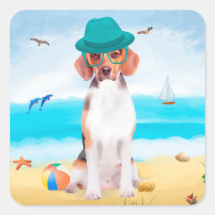 Adesivo Quadrado Cachorro Beagle na Praia