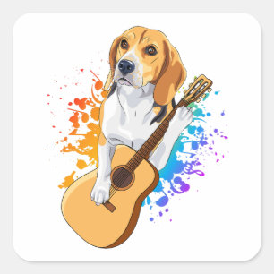 Adesivo Quadrado Cachorro Beagle Tocando Violão Acústico