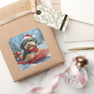 Adesivo Quadrado Cachorro Bernedoodle no Trenó 'Deixe Nevar' Natal