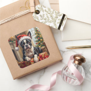 Adesivo Quadrado Cachorro Boston Terrier Elegante Presente de Natal