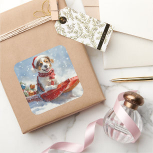 Adesivo Quadrado Cachorro Brittany Spaniel no Natal do Sledge