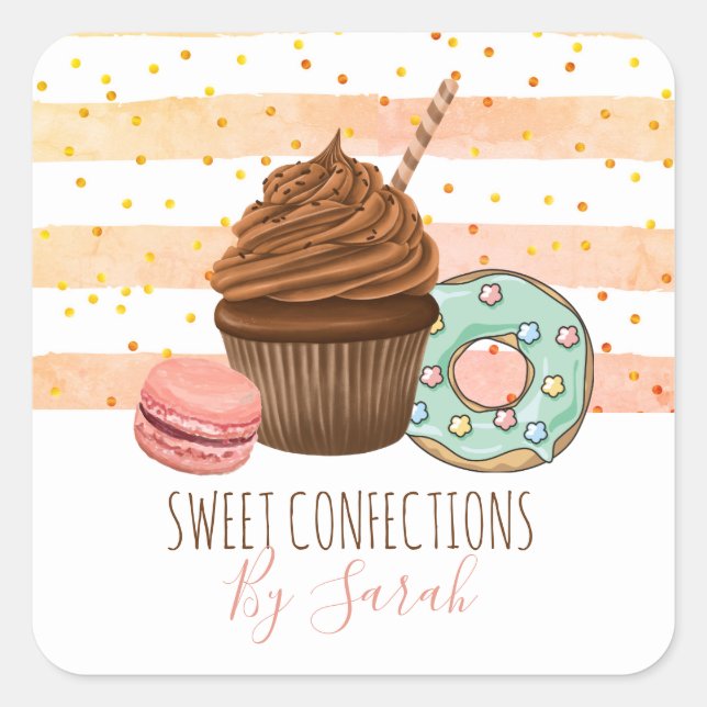 Adesivo Quadrado Cachorro Cachorro Desserts de Aquarela Rosa (Frente)