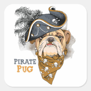 Adesivo Quadrado Cachorro Cachorro Pug Pirate Hat