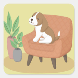Adesivo Quadrado Cachorro, Cadeira e Plantas, Ilustração de Arte