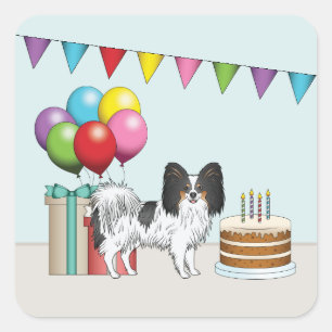 Adesivo Quadrado Cachorro Cartoon Papillon Tricolor Aniversário Col