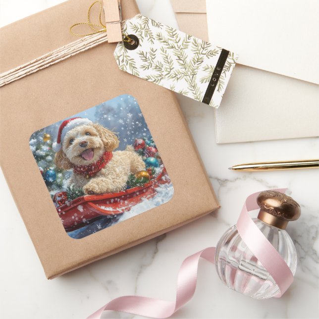 Adesivo Quadrado Cachorro Cockapoo no Trenó 'Deixe Nevar' Natal (Presentear)