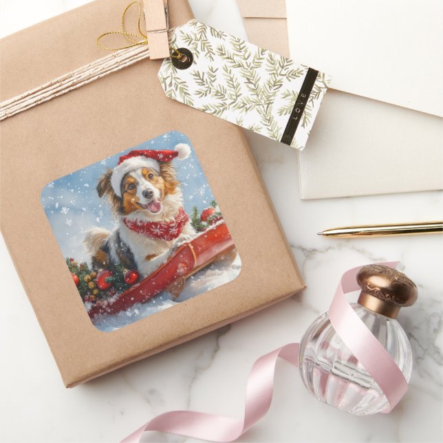 Adesivo Quadrado Cachorro Collie em Sledge Deixe-o nevar no Natal (Presentear)