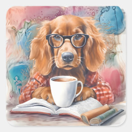 Adesivo Quadrado Cachorro com uma taça de chocolate quente