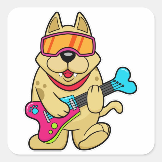 Adesivo Quadrado Cachorro como músico com violão (Frente)