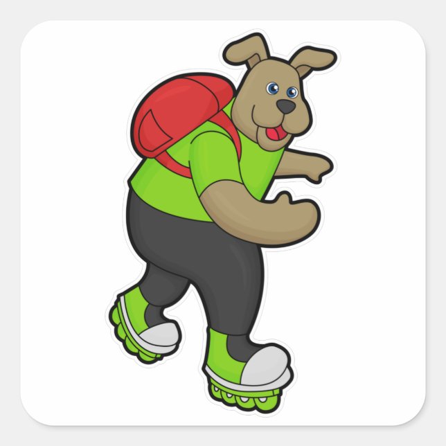 Adesivo Quadrado Cachorro como skater com skates embutidos e mochil (Frente)