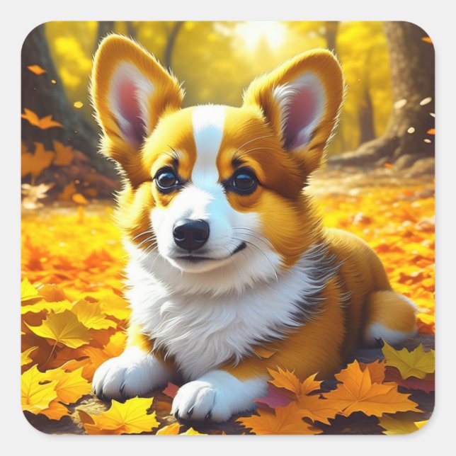 Adesivo Quadrado Cachorro Corgi Brincando em Folhas de Queda (Frente)