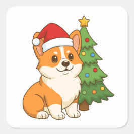 Adesivo Quadrado Cachorro Corgi Fofo com um Chapéu Vermelho com Árv
