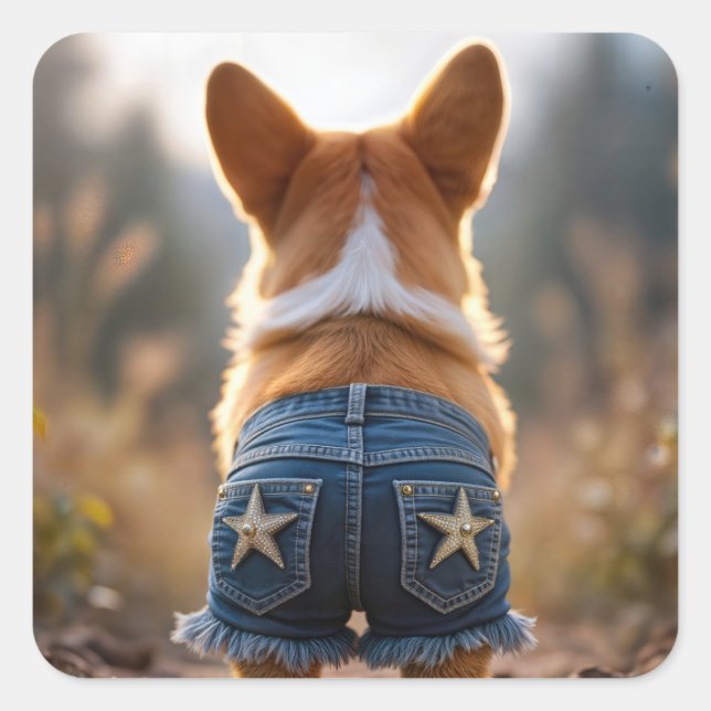 Adesivo Quadrado Cachorro Corgi Vestindo Cursos de Denim Azuis (Frente)