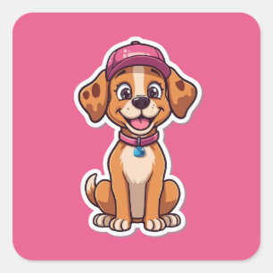 Adesivo Quadrado Cachorro de Cartoon Doce - Puppy feliz no Boné Sti