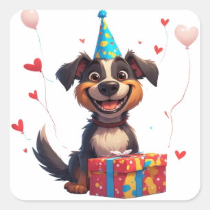 Adesivo Quadrado 🐕 Cachorro de Festa Com Chapéu de Aniversário e P