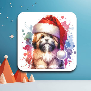 Adesivo Quadrado Cachorro de Lhasa Apso no Natal