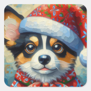 Adesivo Quadrado Cachorro de Natal Cachorro Puppy com Santa Hat