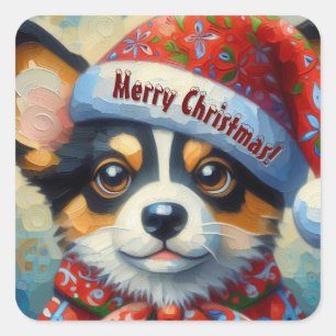 Adesivo Quadrado Cachorro de Natal Cachorro Puppy com Santa Hat