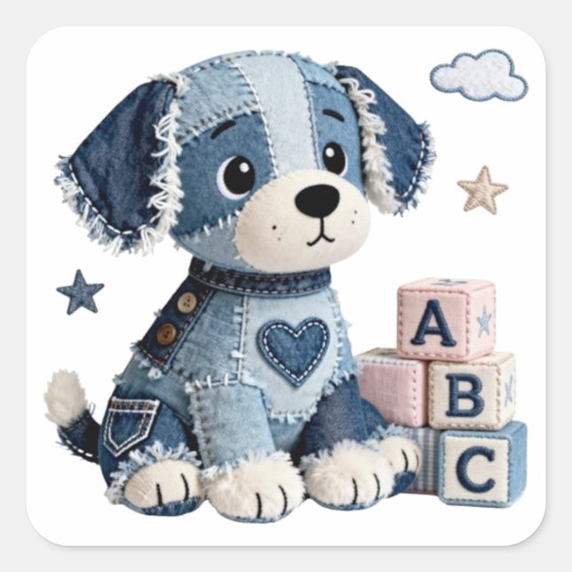 Adesivo Quadrado Cachorro de Patchwork de Denim (Frente)