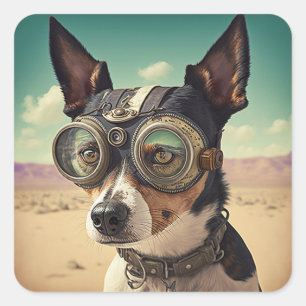 Adesivo Quadrado Cachorro de Terrier Rato Steampunk no Deserto