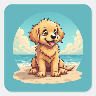 Adesivo Quadrado Cachorro Dourado Fofo em Cena de Praia Ensolarada