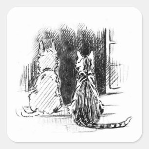 Adesivo Quadrado Cachorro e Gato Olhando para a Janela, Simpatia Pe