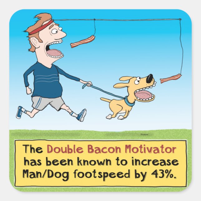 Adesivo Quadrado Cachorro Engraçado e Homem caçando Bacon (Frente)