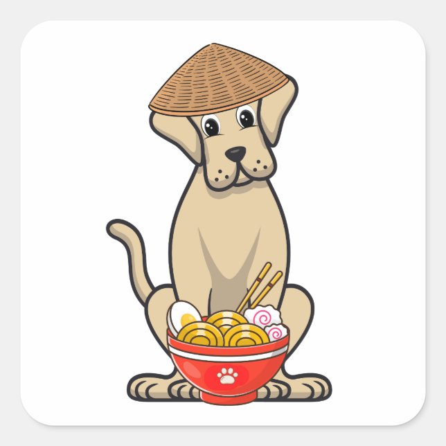 Adesivo Quadrado Cachorro engraçado está comendo macarrão (Frente)