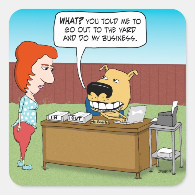 Adesivo Quadrado Cachorro Engraçado Fazendo Sua Atividade (Frente)