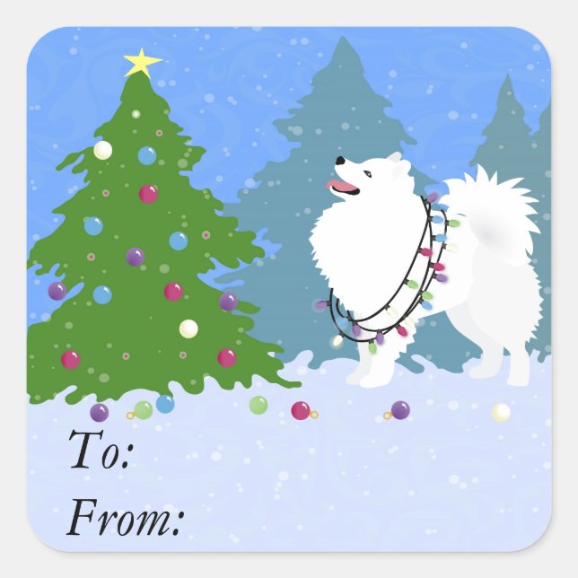 Adesivo Quadrado Cachorro Eskimo Americano Decorando Árvore de Nata (Frente)