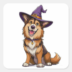Adesivo Quadrado Cachorro Feliz Usando um Chapéu de Bruxa