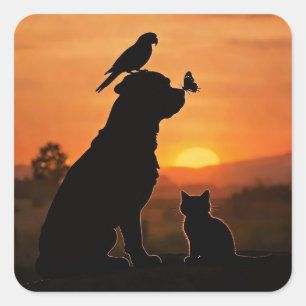 Adesivo Quadrado Cachorro Fofo Gato Pássaro e Borboleta no Pôr do S