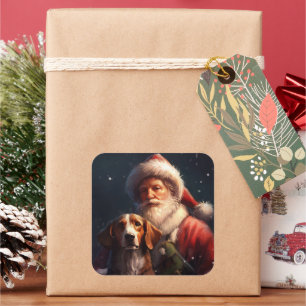 Adesivo Quadrado Cachorro Foxhound Inglês Americano Papai Noel Nata