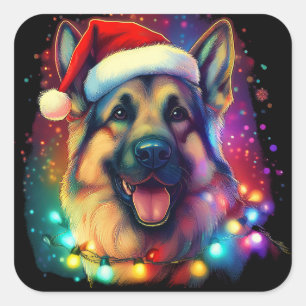 Adesivo Quadrado Cachorro German shepherd de Natal com Papai Noel
